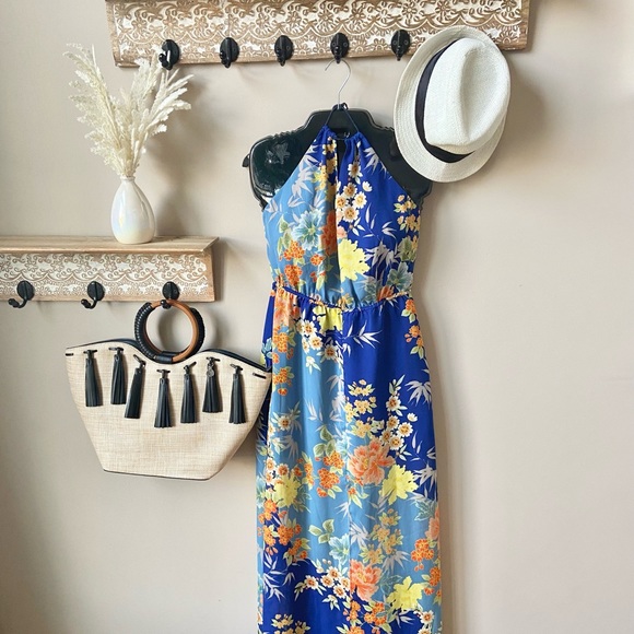 GuessBlue floral resort wear halter maxi dress Xs - Picture 2 of 4